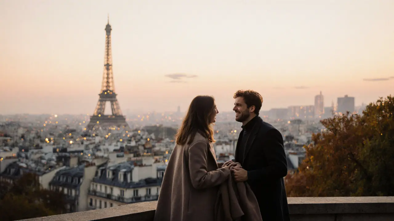 A companion and guest watching the Eiffel Tower light up from a Montmartre terrace at sunset.