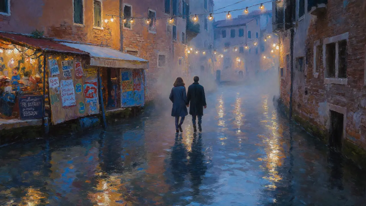 A couple walking peacefully along the Navigli canal at night, reflections shimmering on the water.