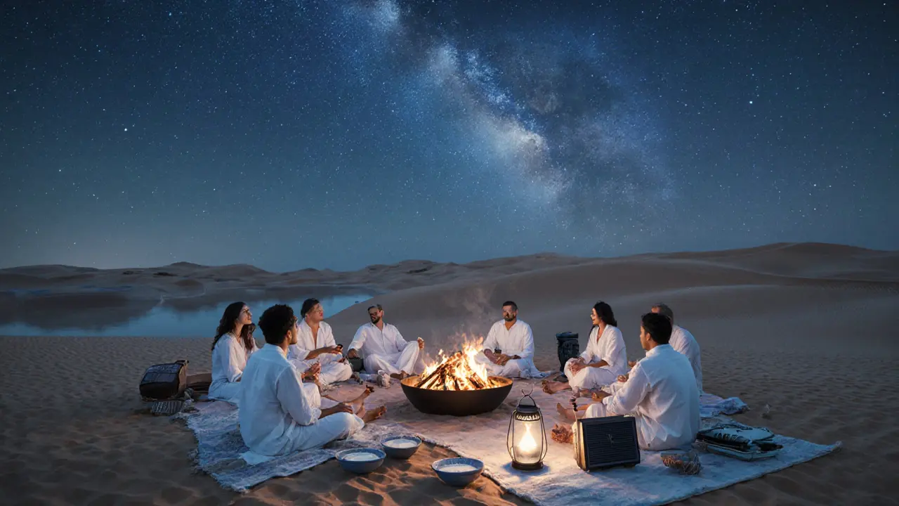 A desert gathering under the stars with people on blankets around a fire pit, no buildings in sight.