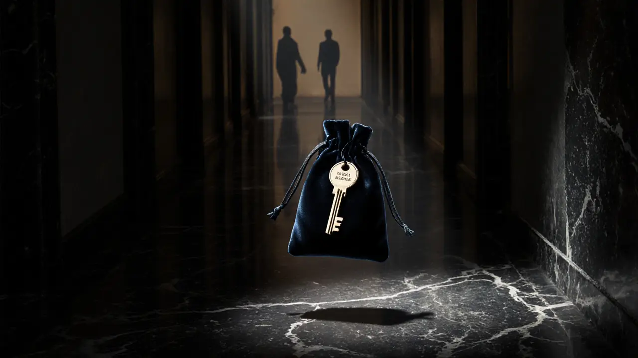 A floating engraved key above a dark hallway, symbolizing discreet luxury and anonymity.
