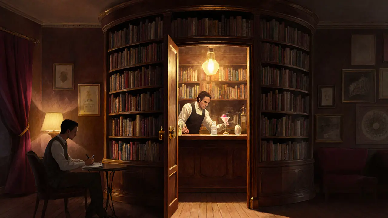 A hidden speakeasy behind a bookshelf, lit by vintage lamps with a bartender crafting a drink.