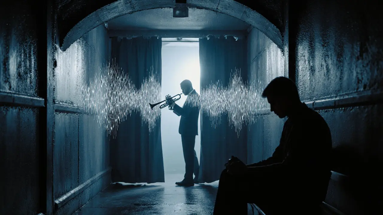 A jazz musician playing in a cold, misty underground space, sound visible as shimmering waves in the air.