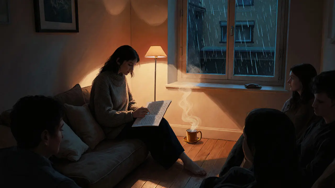 A quiet poetry reading at night, with people sitting on cushions, sipping tea under a single lamp.