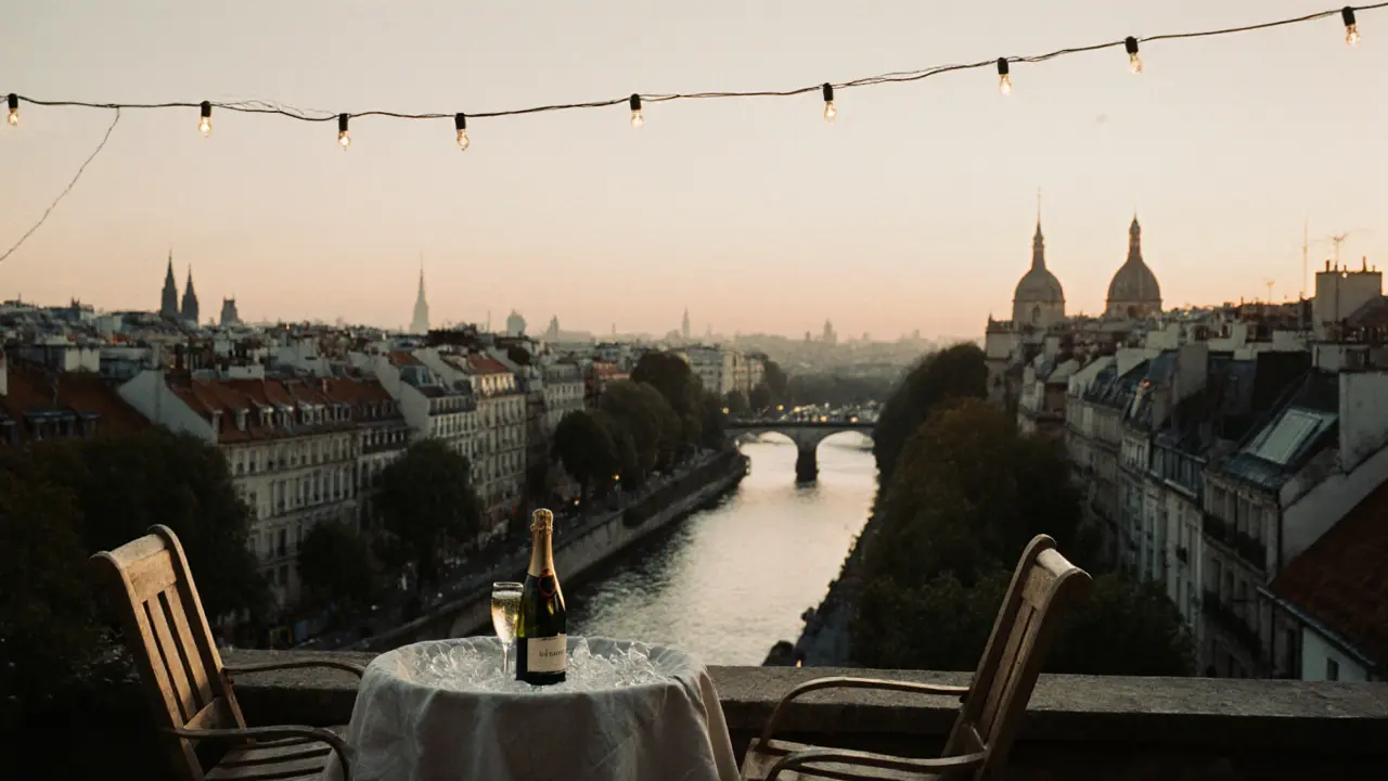 A romantic rooftop terrace in Montmartre at sunset, with champagne chilling beside two empty chairs.