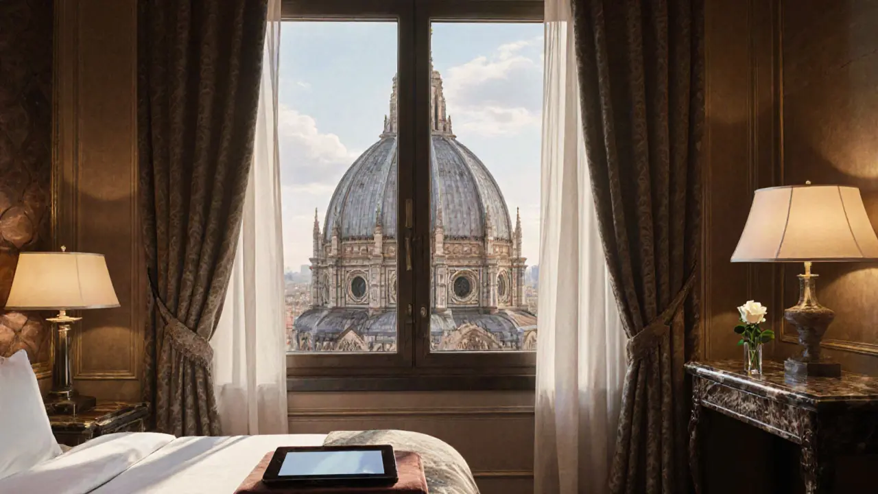 A serene high-floor suite in Four Seasons Milan with views of the Duomo and a single white rose.