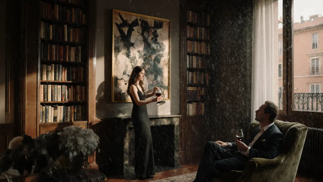 A woman pouring wine in a Brera apartment filled with art books, listening to a man in soft ambient light.