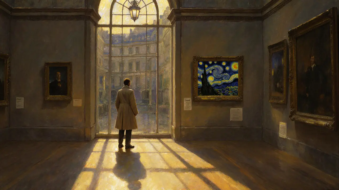 An empty Musée d’Orsay at dawn, with Monet’s Water Lilies glowing in soft morning light.