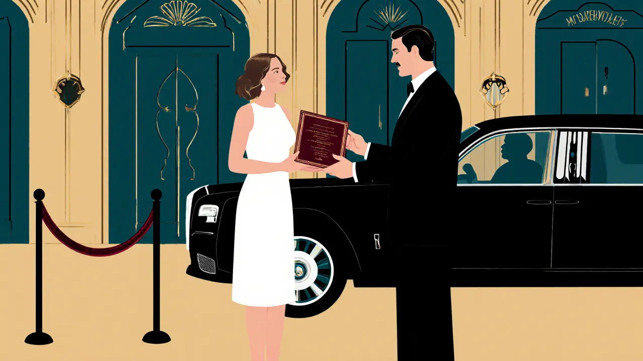 Art‑deco illustration of a concierge giving a velvet invitation to a couple beside a luxury car.