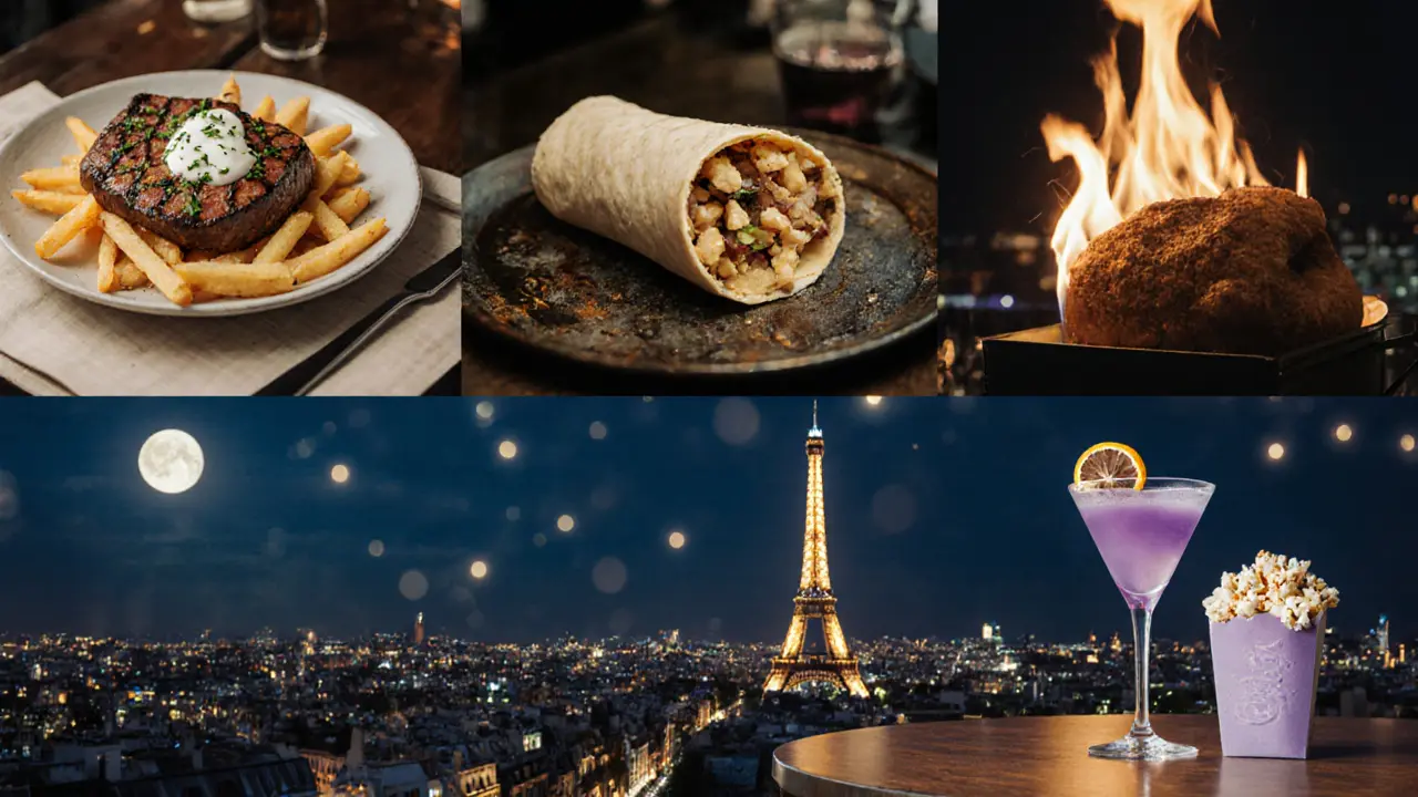 Collage of late‑night Paris dishes and landmarks under a moonlit sky.