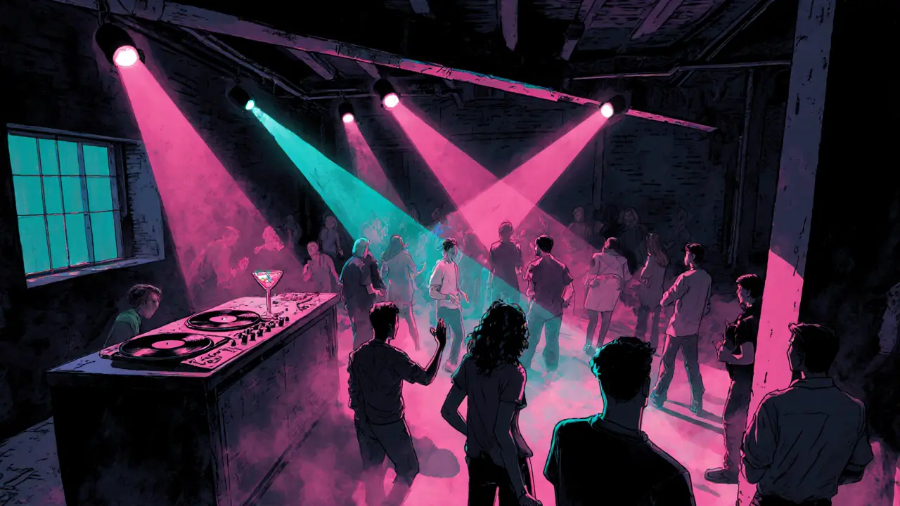 Crowded underground venue Loolapaloosa with neon lights and DJ spinning techno.