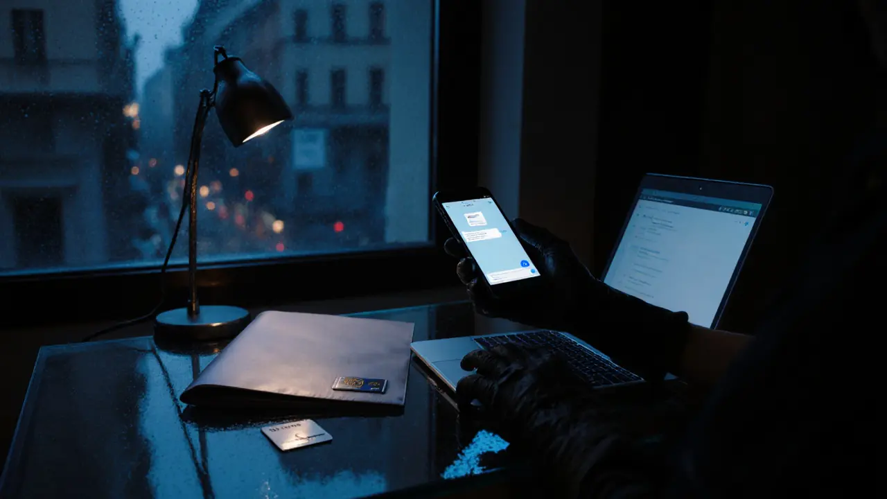 Darkened agency office with encrypted device and city skyline through rain‑spattered windows.