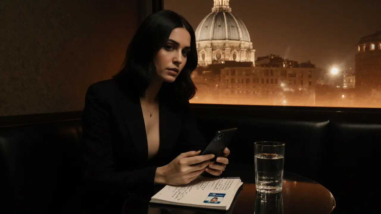 Discreet meeting scene with escort using a phone, ID card, and subtle city backdrop indicating safety and local knowledge.