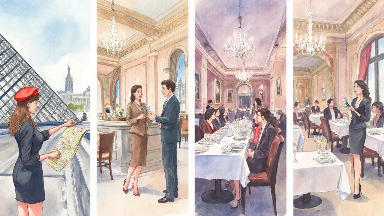 Four artistic vignettes showing different escort service scenarios in Paris.