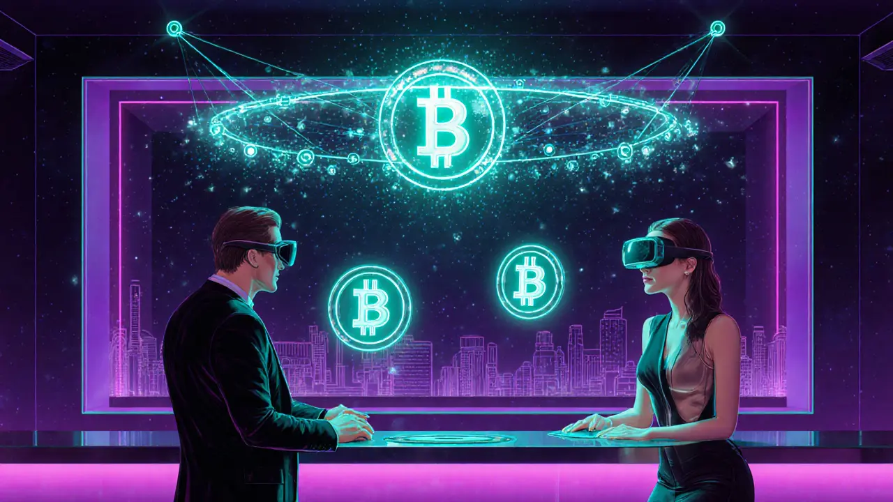 Futuristic lounge with holographic figures, neon lights, and floating blockchain symbols.