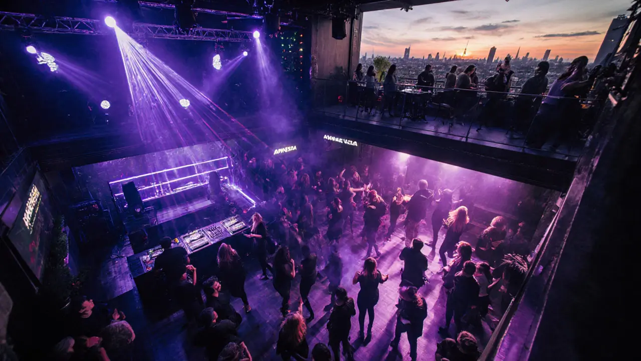 Inside Amnesia club: multi-level dance floor, laser lights, crowd in black, rooftop sunrise view.