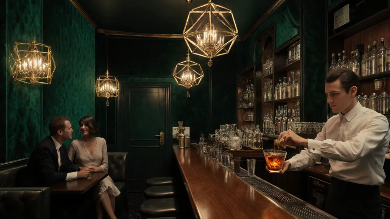 Inside Le Sans Souci speakeasy, art‑deco decor, dim lighting, couple chatting over drinks.
