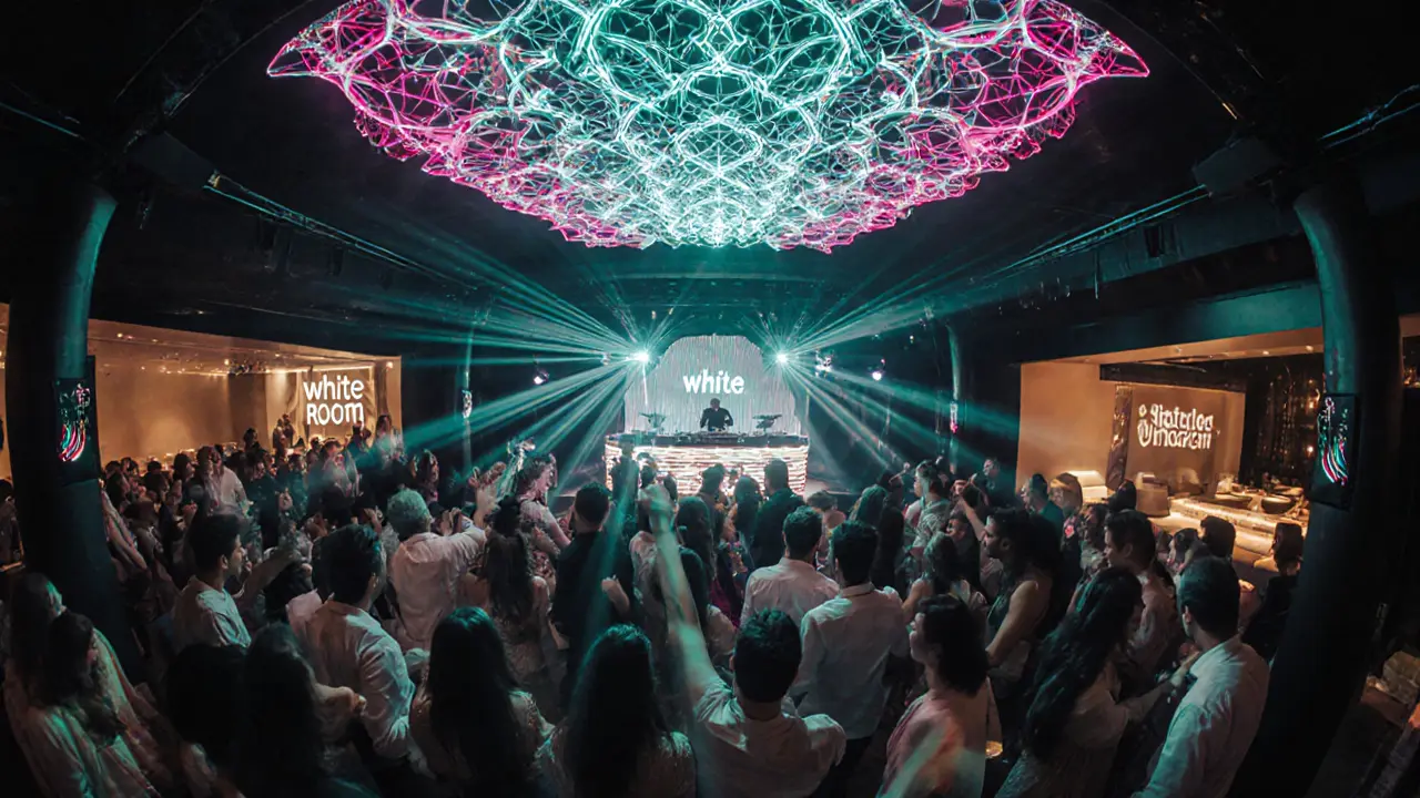 Inside White Dubai club, LED canopy and vibrant light show over a crowded dance floor.