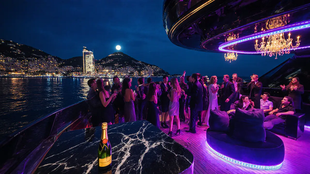 Luxurious yacht party at night with elegant guests, neon lighting, and Monte Carlo skyline.