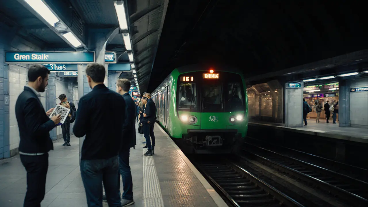 Milan Metro Line 2 green train at night with stylish passengers heading to clubs.