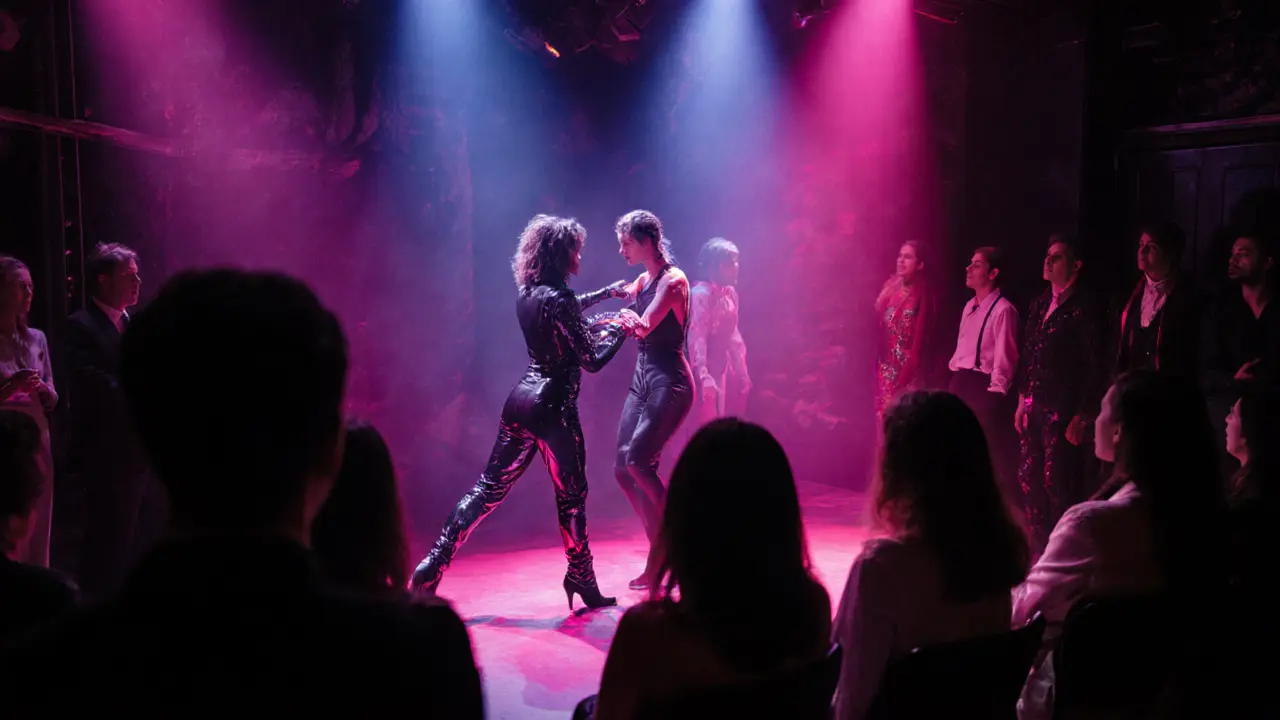 Neon‑lit nightclub performance with escort and dancer observed by an audience.
