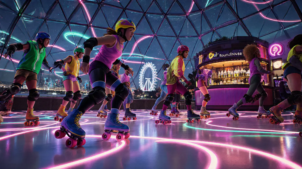Neon‑lit roller disco on the South Bank with skaters gliding under LED lights.
