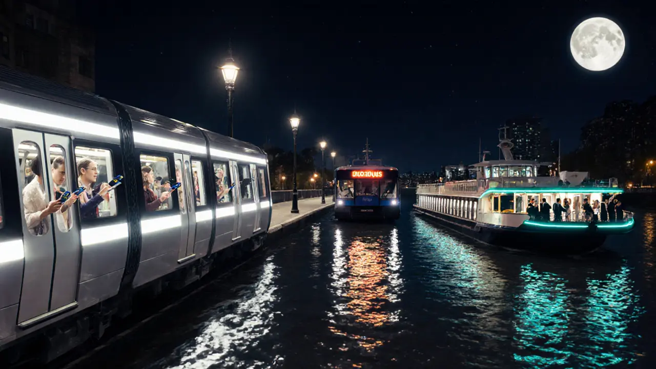 Night Tube, night bus, and illuminated river cruise boat moving through London at night.