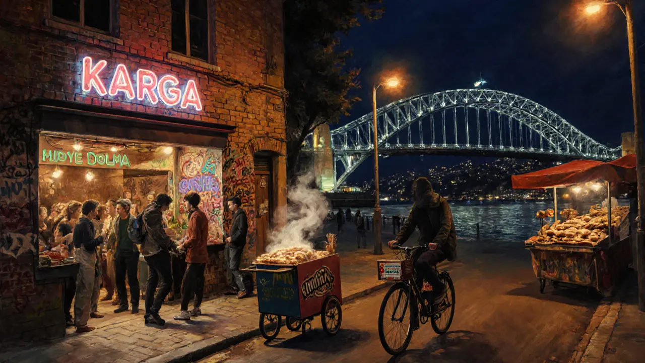 Nighttime street scene in Kadıköy with a music venue, street food and the Galata Bridge.
