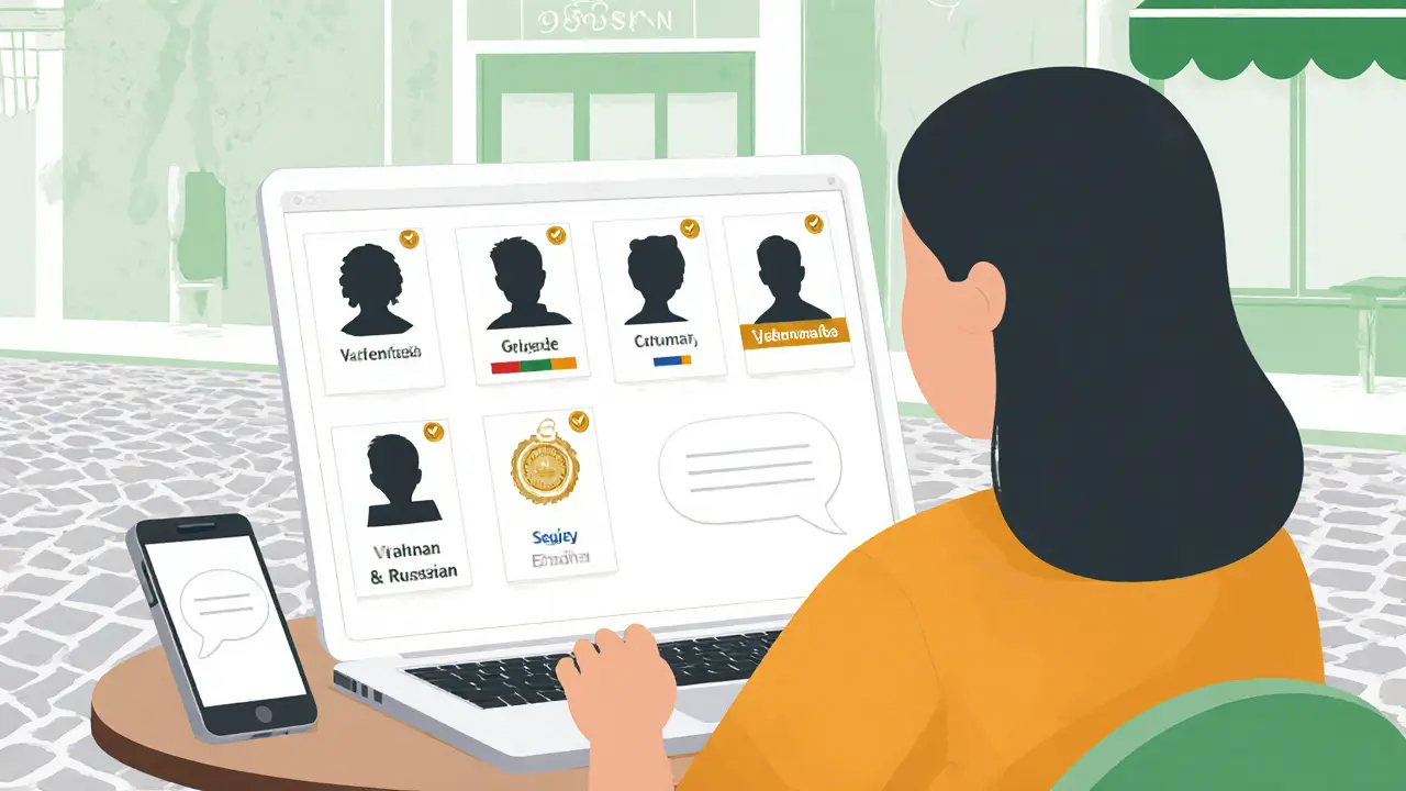 Person at a café using a laptop showing profile cards with verification badges.