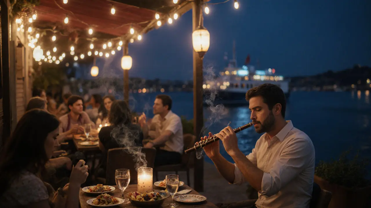 Quiet Moda waterfront terrace at dawn with locals sharing wine and a flute player nearby.