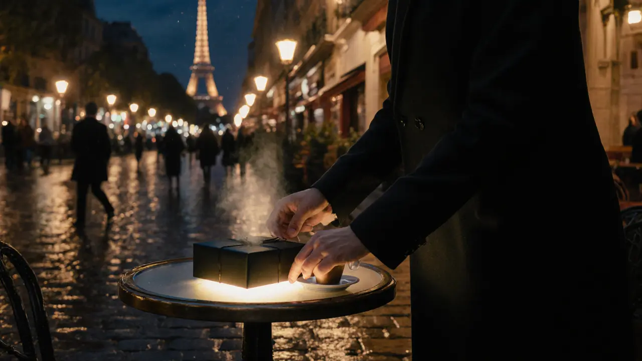 Rainy Paris café night scene with a courier delivering a black‑wrapped box.
