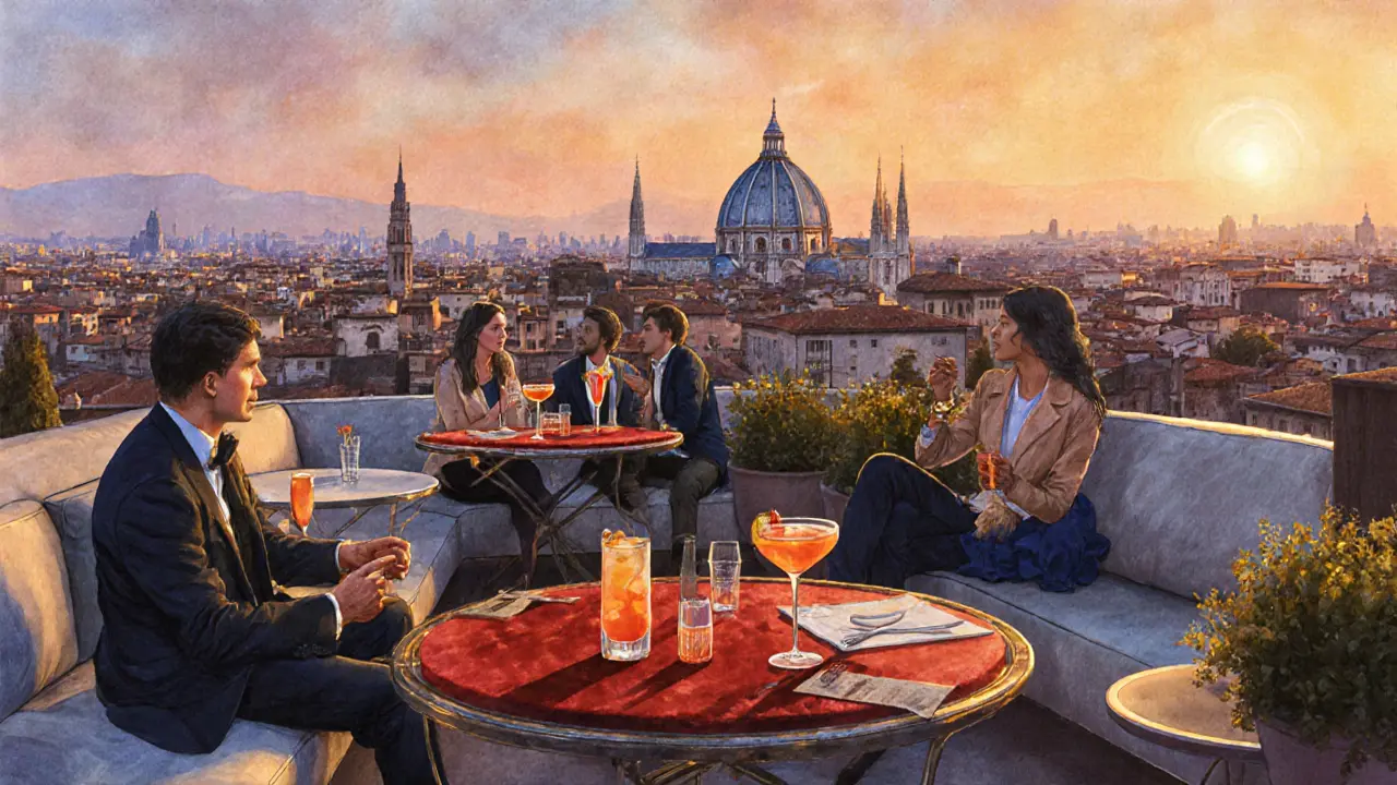 Rooftop lounge Terrazza Aperol at sunset, guests with cocktails overlooking the Duomo.