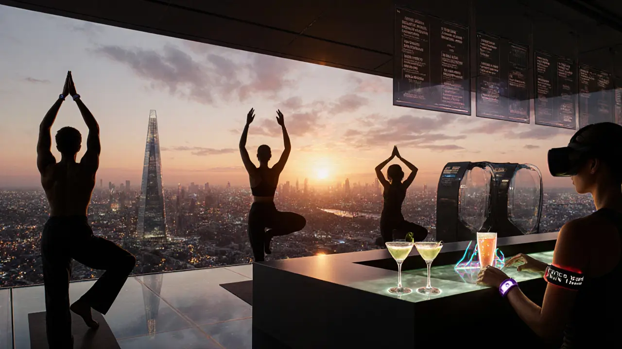 Rooftop yoga at The Shard sunset with wearable tech and futuristic cocktail bar.