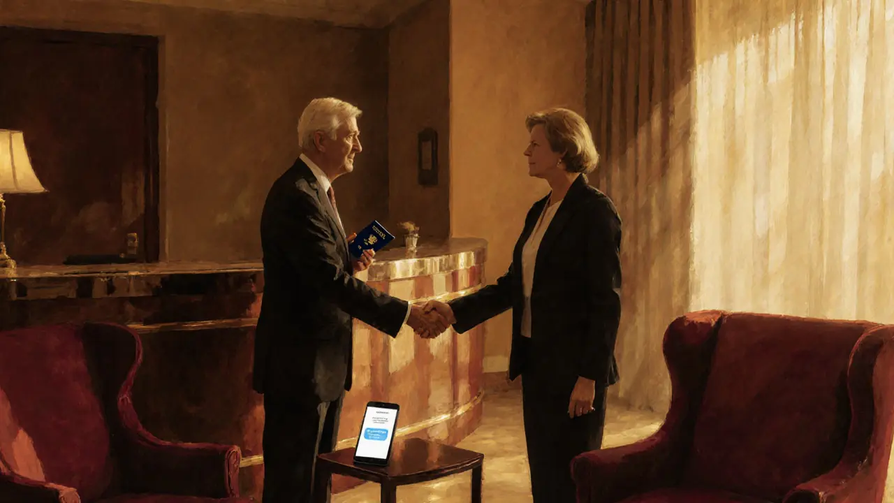 Two adults meeting in a hotel lobby, exchanging IDs and a phone in a safe setting.