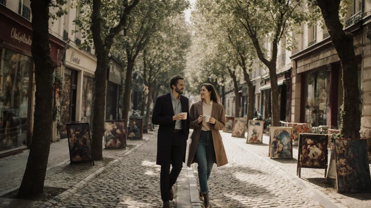 Two people walking through a quiet courtyard in Le Marais, sharing a quiet moment among art galleries.