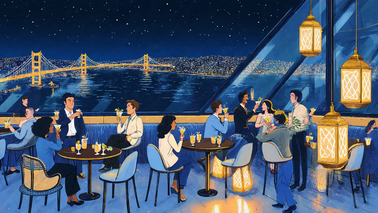Upscale rooftop bar at Mikla with city panorama and cocktail guests.