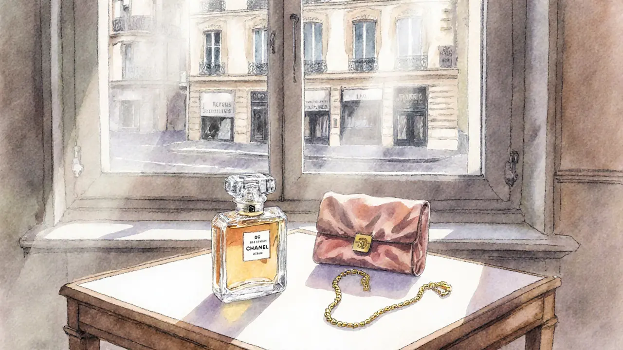 Watercolor illustration of luxury perfume, jewelry, and handbag displayed on a table.