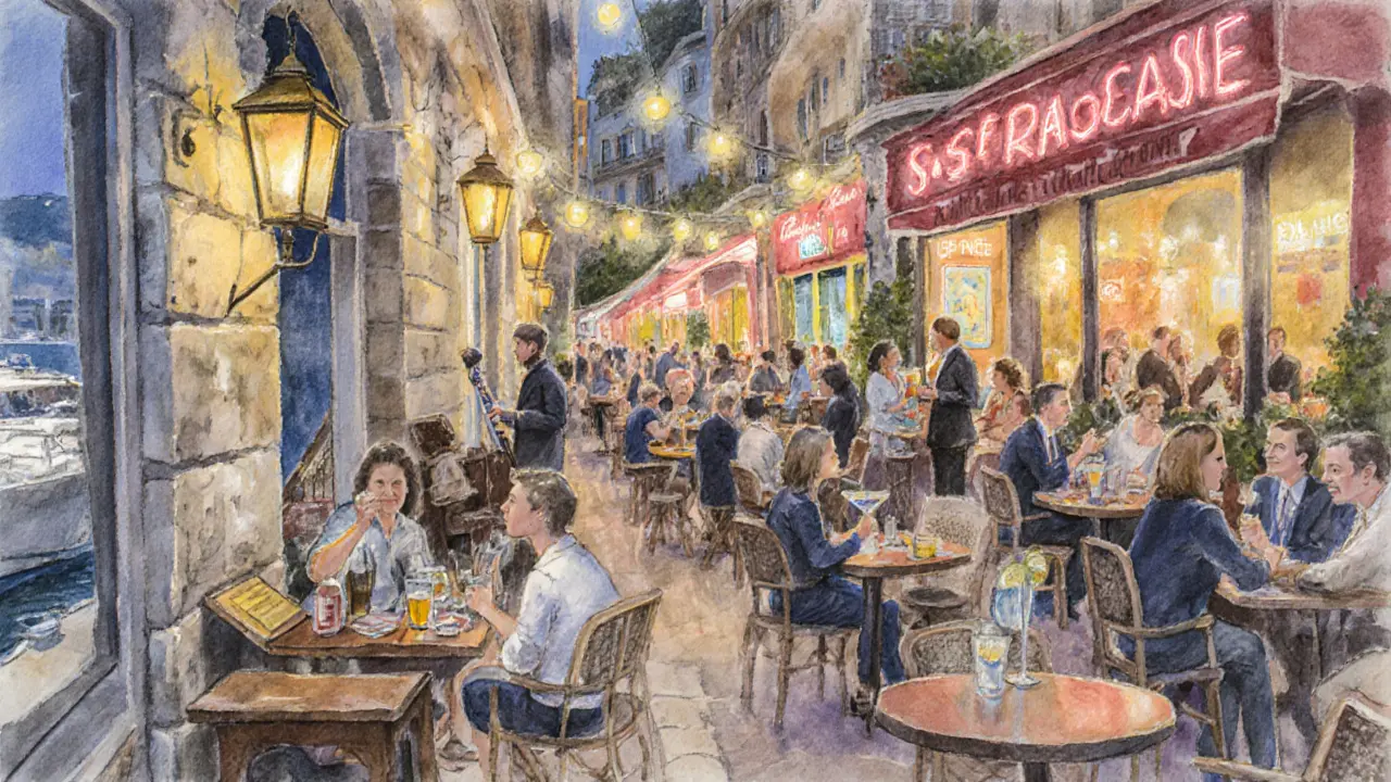 Watercolor scene of three budget bars in Monaco with patrons enjoying drinks and live jazz.