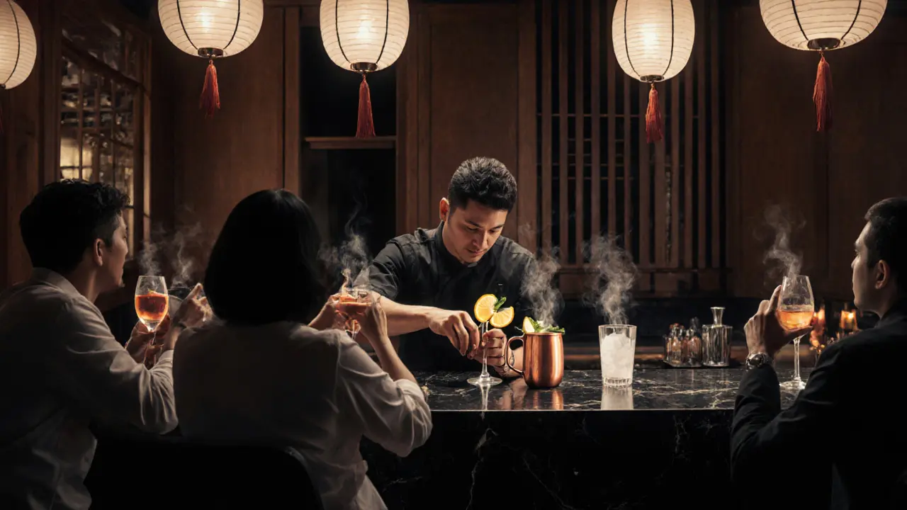 A bartender crafting a Yuzu Mule in a sleek, moody Japanese-inspired lounge.