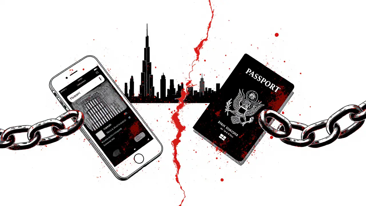 A broken chain connecting digital and travel items, with Dubai&#039;s tower turning into prison bars.