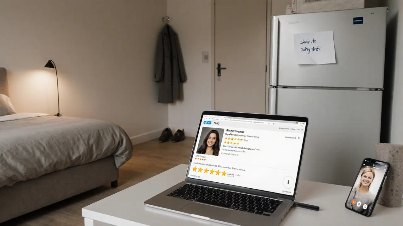 A clean, modern Berlin apartment with a laptop showing verified escort reviews and a safety note on the fridge.