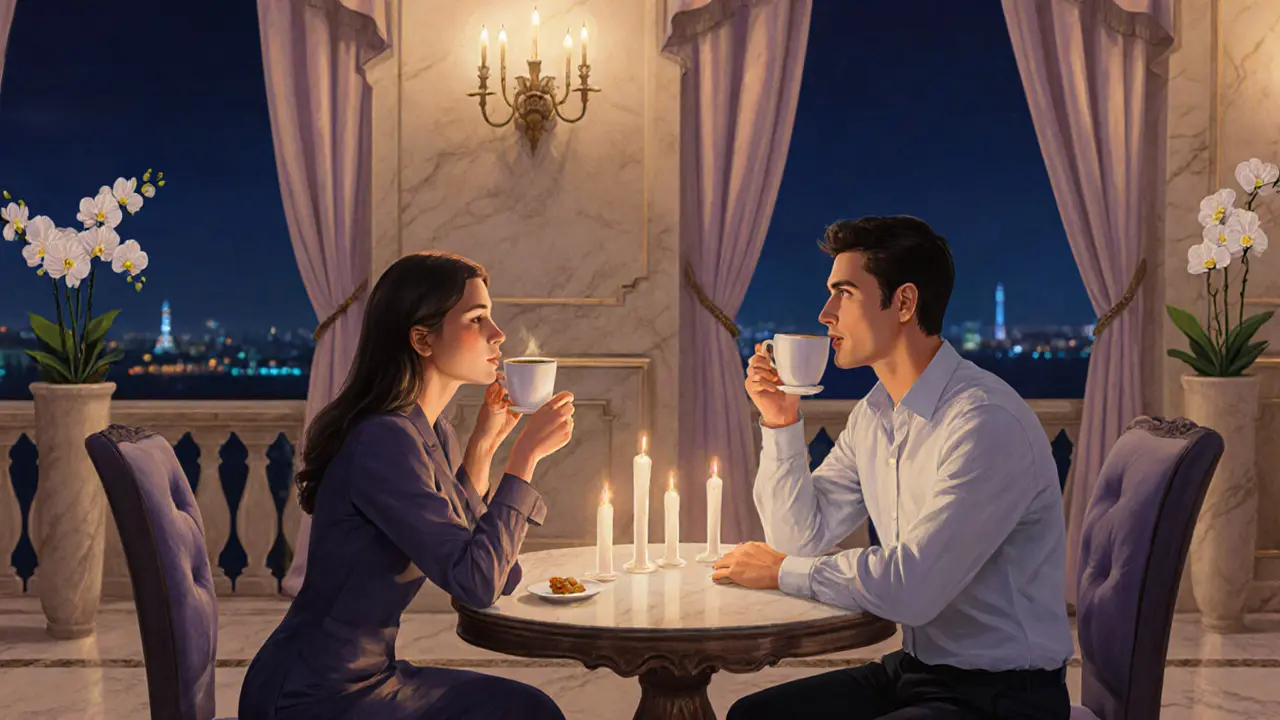 A couple shares quiet conversation over Arabic coffee in a luxurious hotel lounge with elegant decor and warm lighting.