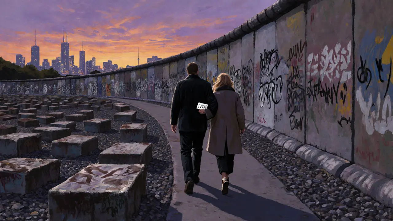 A couple walking peacefully along the Berlin Wall Memorial at dusk, surrounded by historic graffiti.