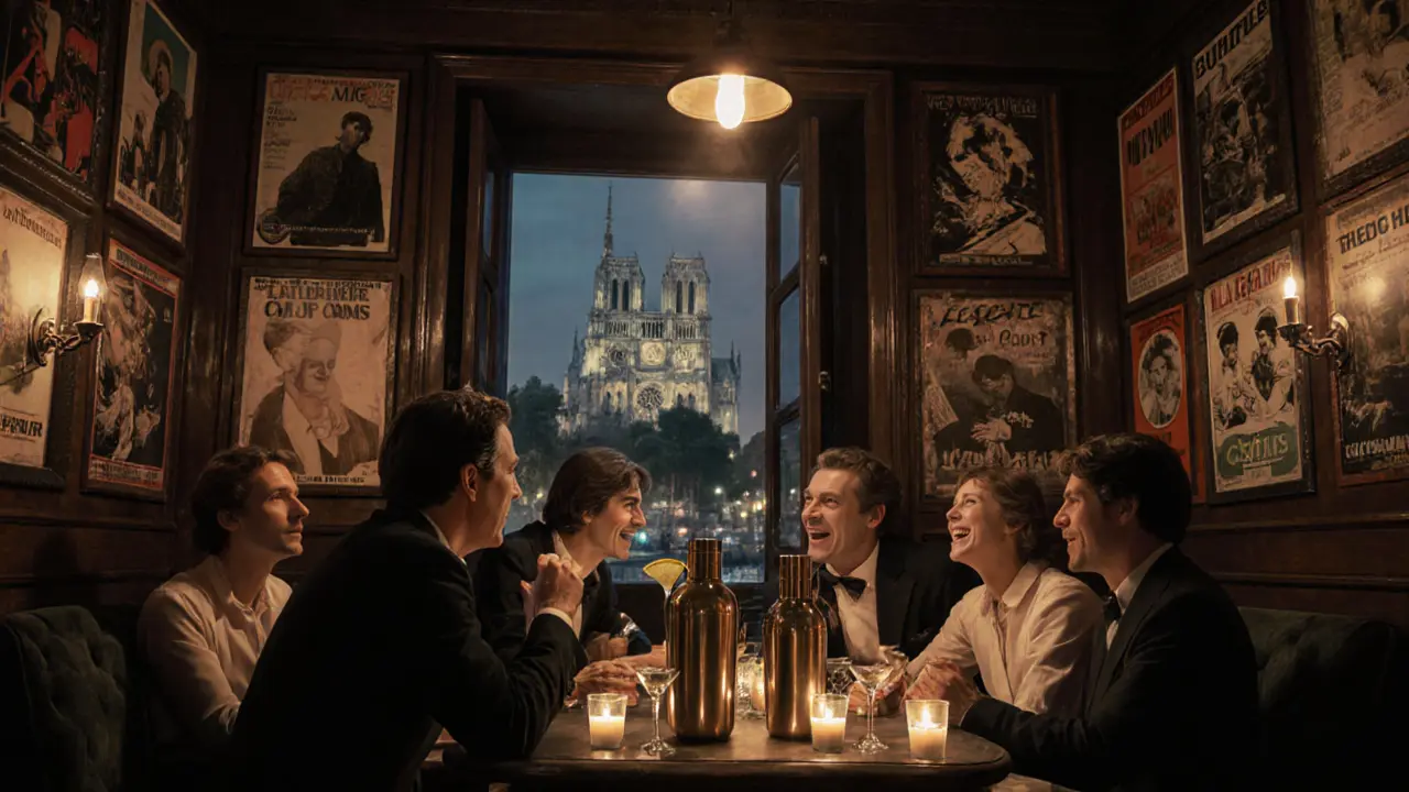 A dimly lit basement bar in Saint-Germain with 1970s posters and people enjoying champagne cocktails by candlelight.