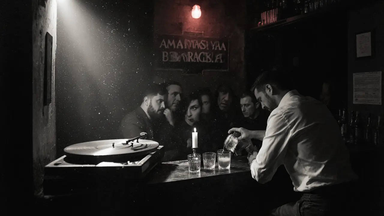 A dimly lit basement bar with a red light above the door, vinyl record spinning, candlelight reflecting on glasses.