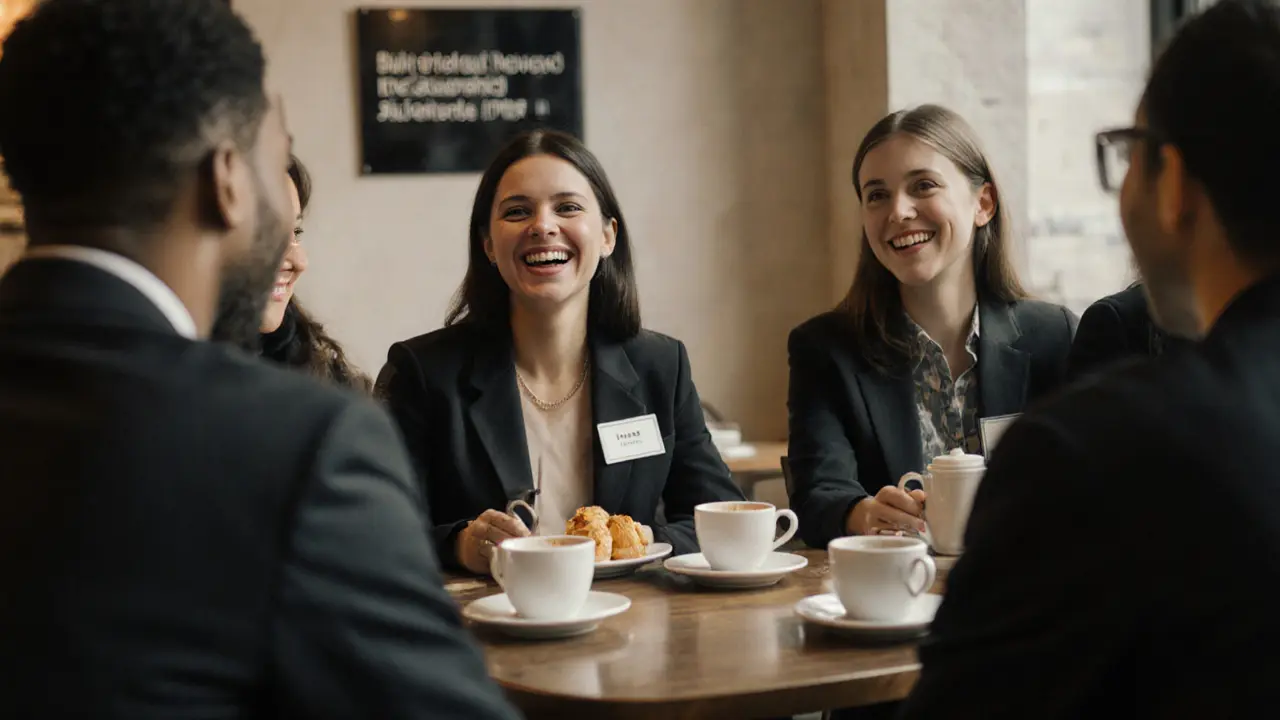 A diverse group of people enjoying coffee and conversation at a Berlin café, including an escort in casual attire.