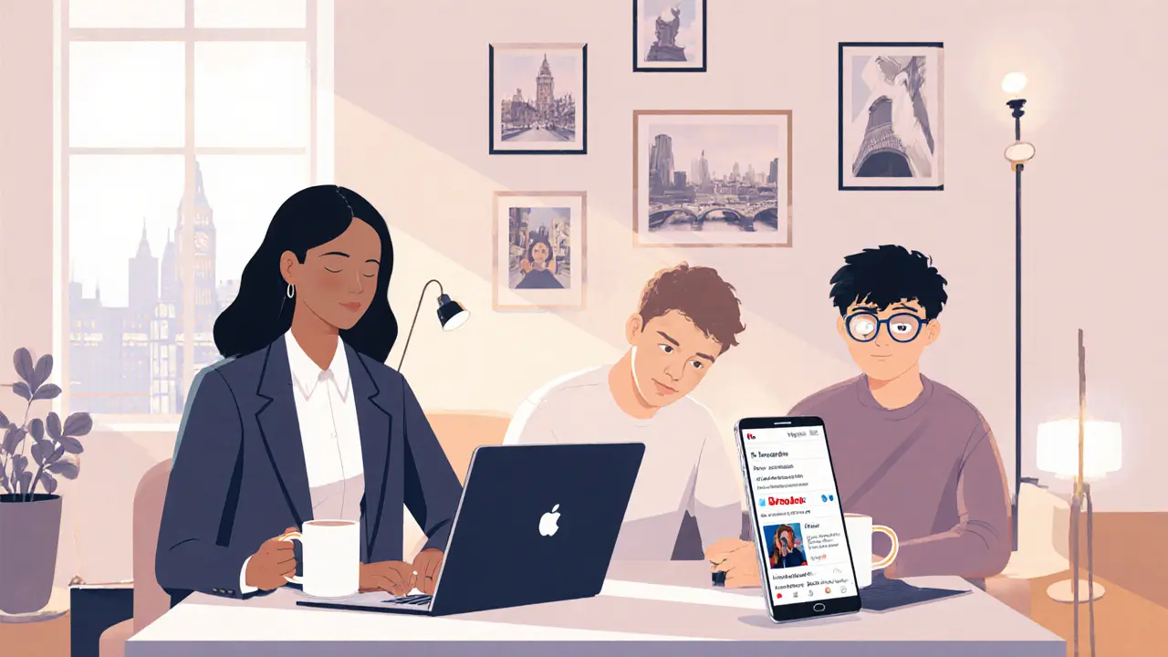 A diverse group of professionals working calmly in a modern London apartment with laptops and coffee.