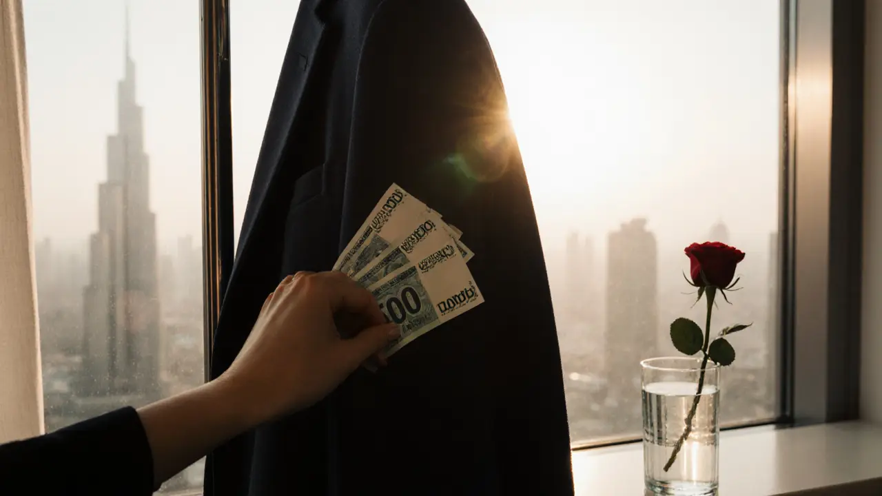 A hand placing cash into a coat pocket with a city view in the background.