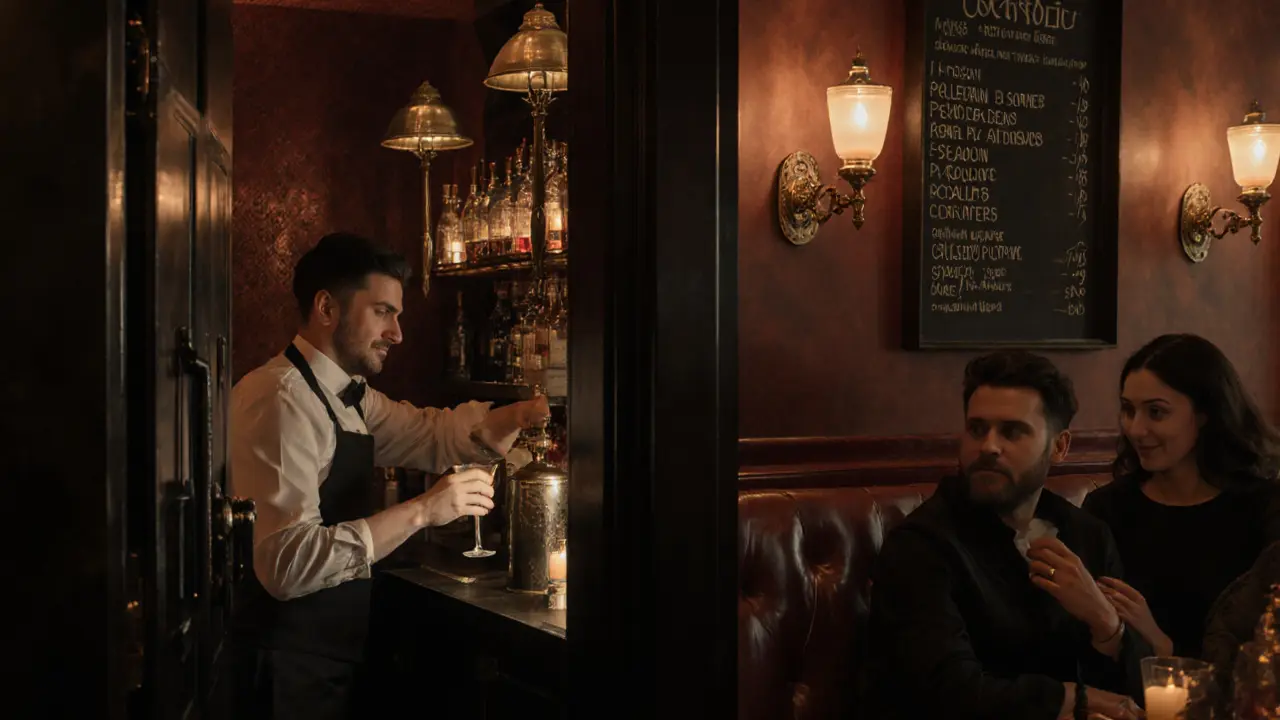 A hidden 1920s-style speakeasy behind a fridge door, lit by vintage lamps with local ingredients on display.