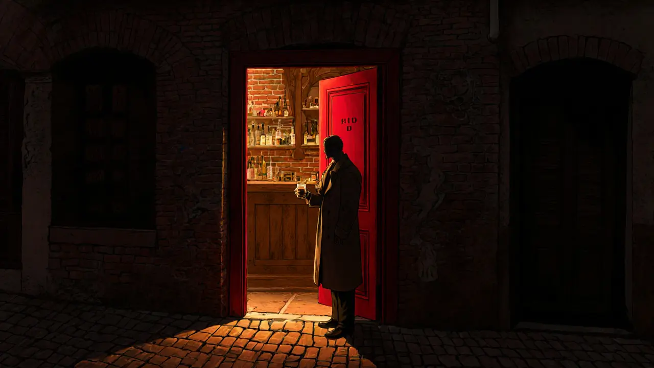 A hidden red door in a narrow alley, dim light glowing from within, mysterious nighttime atmosphere.
