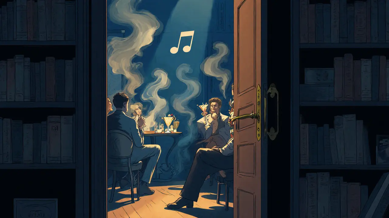 A hidden speakeasy bar behind a bookshelf, lit by soft amber and blue tones with jazz ambiance.
